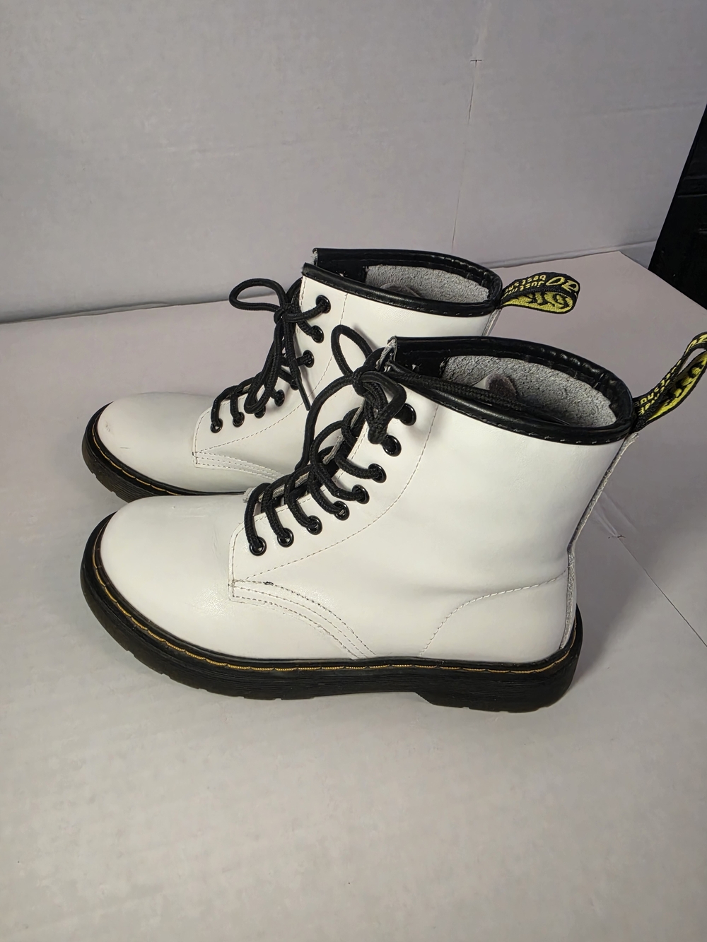 White Lace-Up Combat Boots with Black Trim